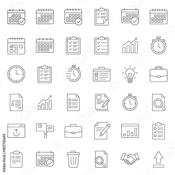 Obraz Modern outline icons for business productivity and management. This vector collection represents planning, scheduling, analytics, and efficient workflow in digital applications