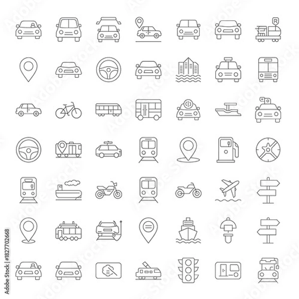 Obraz Extensive collection of line art transportation icons, featuring diverse vehicles, travel modes, navigation symbols, and logistics elements for modern design projects