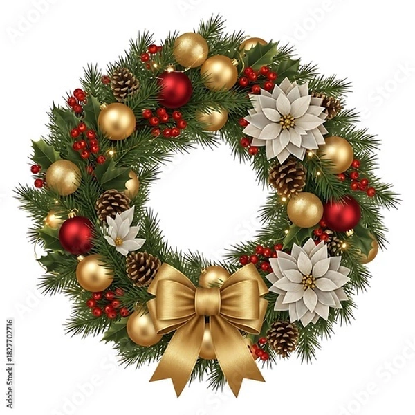 Obraz Elegant christmas wreath with gold ornaments, poinsettias, and bow