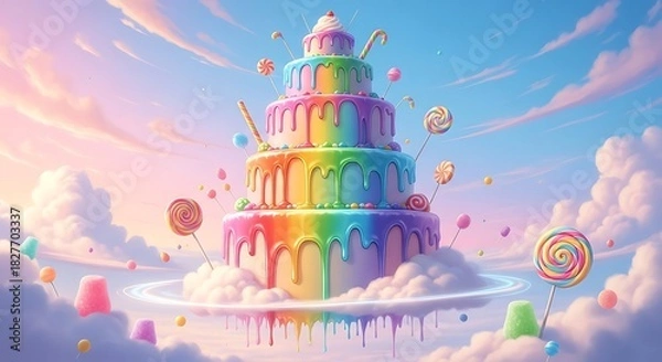 Fototapeta A magical, towering rainbow cake decorated with candy floating in a pastel sky with clouds