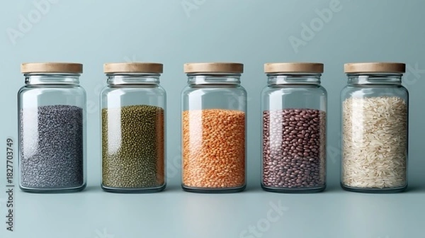 Fototapeta Glass jars filled with lentils beans rice stacked neatly