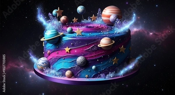 Fototapeta A vibrant galaxy space themed birthday cake decorated with planets and stars against a dark background