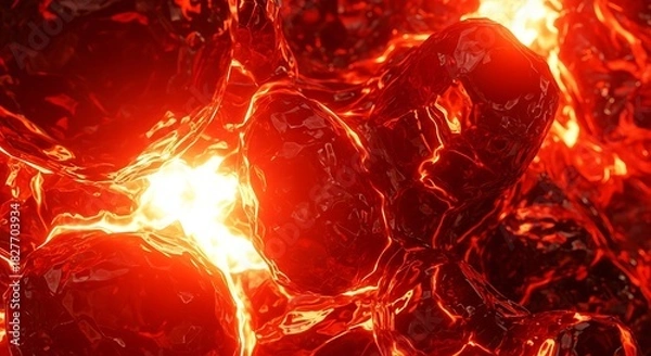 Fototapeta Abstract closeup of glowing, molten lava or magma with intense orange and red light