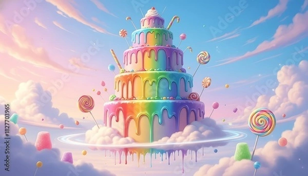 Fototapeta A giant, colorful, rainbowlayered wedding cake floating in a dreamy, pastel sky with candy