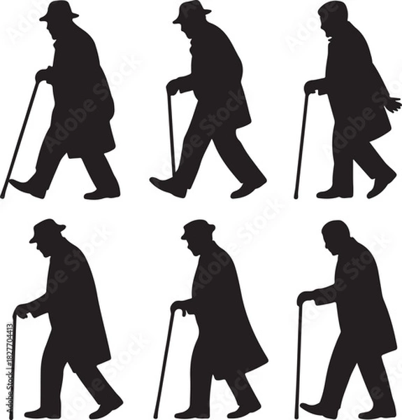 Obraz Silhouetted Elderly Man Walking with Cane in Various Poses and Angles