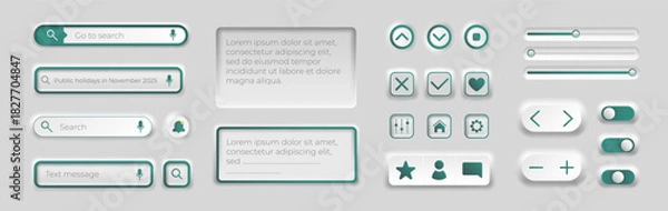 Obraz 3D search bar. Button icons. UI elements with boxes, circles and lines. Website minimal design. Modern internet interface. Layout for web navigation. Search frame. Vector click dashboard template