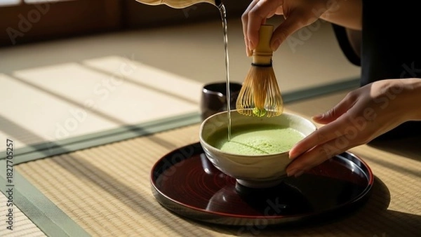 Fototapeta Preparation of Matcha Tea in a Traditional Japanese Setting.