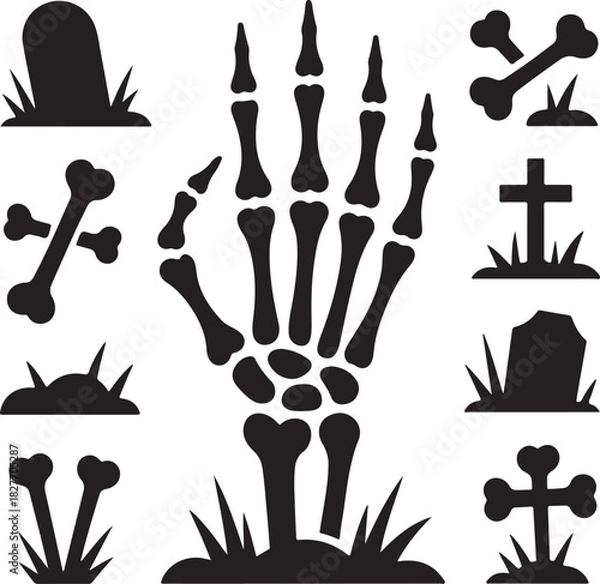 Obraz Spooky Halloween graveyard graphic illustration with skeleton hand and tombstones