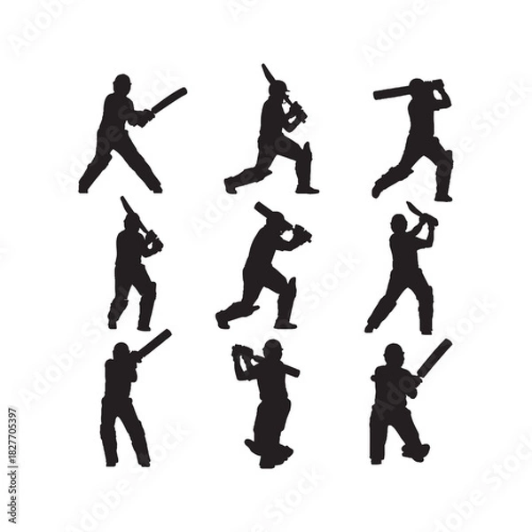 Fototapeta Cricket Batsman Action Silhouette Vector Set