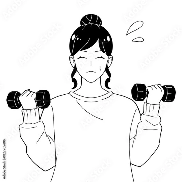 Obraz ダンベルを持つ女性　白黒イラスト