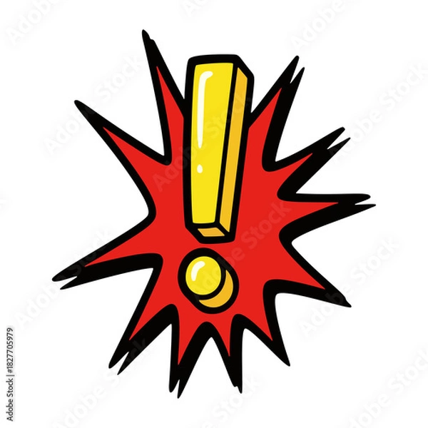 Fototapeta Bold Yellow Exclamation Mark on Red Starburst Background - A Vibrant and Eye-Catching Symbol for Emphasis or Warning