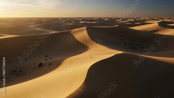 Fototapeta Serene Desert Landscape at Sunset - Golden Dunes and Endless Horizon.