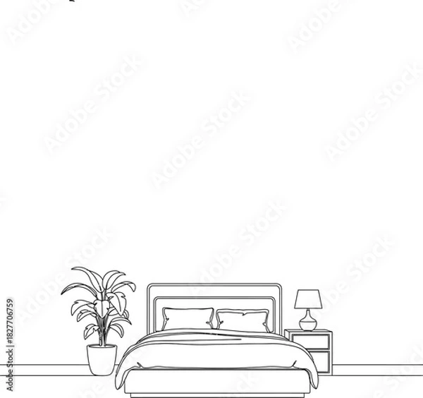 Obraz Bedroom interior with a double bed, furniture, and a plant. Nightstand with lamp and houseplant in pot. Monochrome outline design elements drawing 