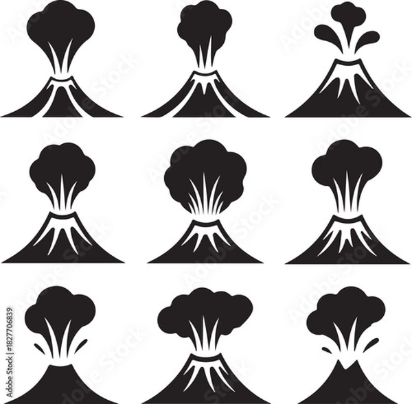Obraz Volcano eruption icons collection showing different stages of activity