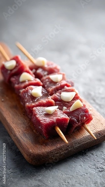 Fototapeta Marinated meat skewers with garlic ginger ready to grill