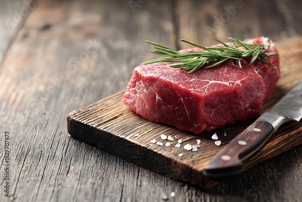 Fototapeta Raw beef steak on butcher block with knife beside