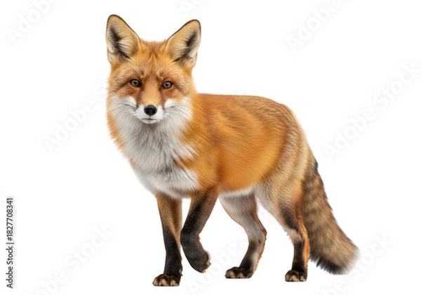Fototapeta A detailed portrait of a red fox standing alert isolated on transparent background