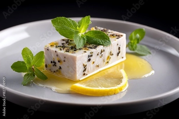 Fototapeta Raw fish marinated with spices lemon herbs on plate