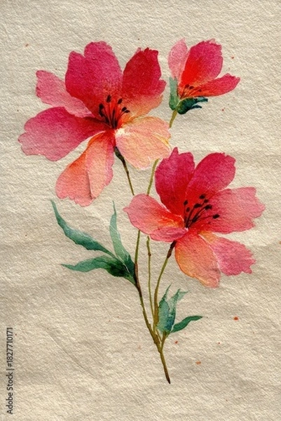 Fototapeta Pink Coral Watercolor Flowers on Textured Paper – Botanical Floral Illustration with Delicate Hand-Painted Petals and Soft Natural Artistic Design