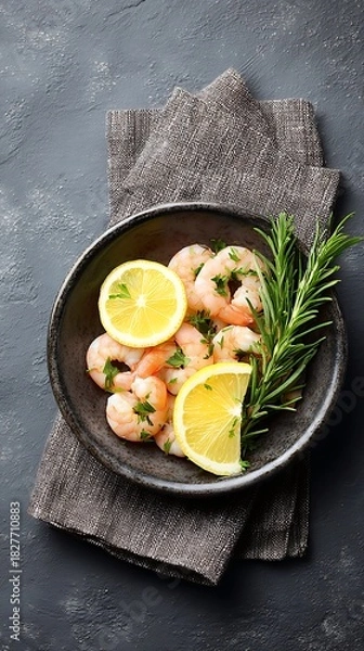 Fototapeta Raw marinated prawns with lemon and herbs top view