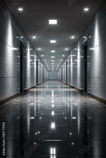 Fototapeta Minimal modern office corridor with polished granite floor reflecting ceiling lights, sleek architecture