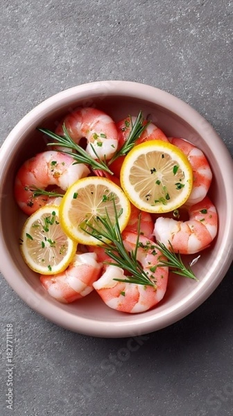 Fototapeta Raw marinated prawns with lemon and herbs top view