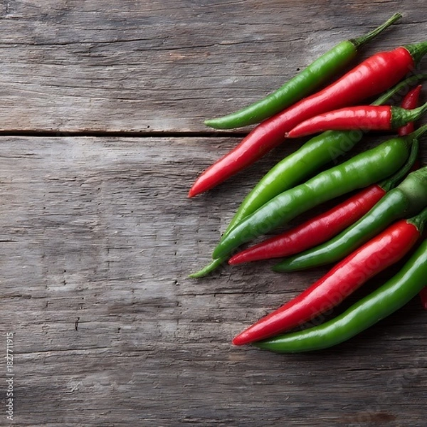 Fototapeta Red and green chilies spread on rustic wooden table