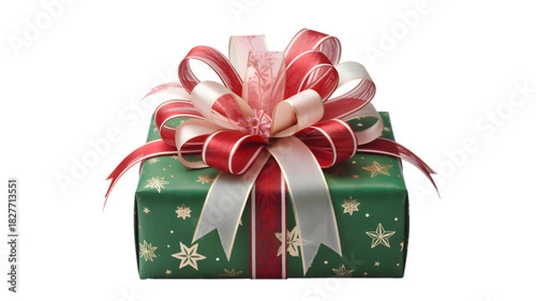 Obraz Christmas gift box with green festive wrapping and red white ribbon bow decoration