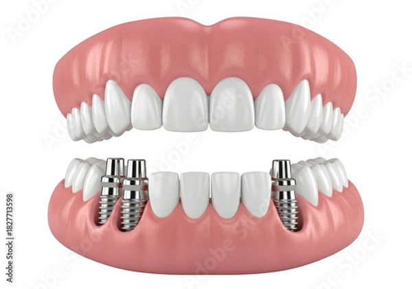Fototapeta Realistic dental implant model showing upper and lower jaw with prosthetic teeth isolated on transparent background