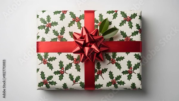 Obraz Christmas gift box with holly leaf wrapping and red ribbon bow decoration