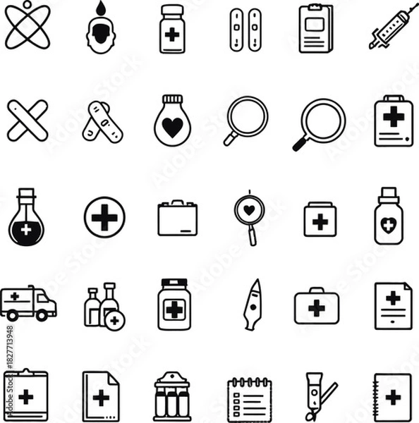 Fototapeta Comprehensive medical icon set in black line style featuring DNA syringe bandage hospital report and diagnostics