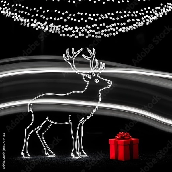 Fototapeta Simple line art of a reindeer silhouette, monochrome, with a red gift box with a bow on a plain background, studio shot, high resolution, Christmas lights twinkling in the background, winter night.