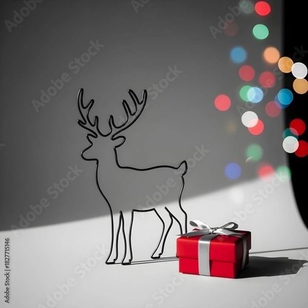 Fototapeta Simple line art of a reindeer silhouette, monochrome, with a red gift box with a bow on a plain background, studio shot, high resolution, Christmas lights twinkling in the background, winter night.