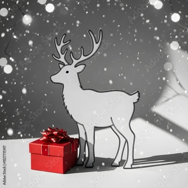 Fototapeta Simple line art of a reindeer silhouette, monochrome, with a red gift box with a bow on a plain background, studio shot, high resolution, Christmas lights twinkling in the background, winter night.