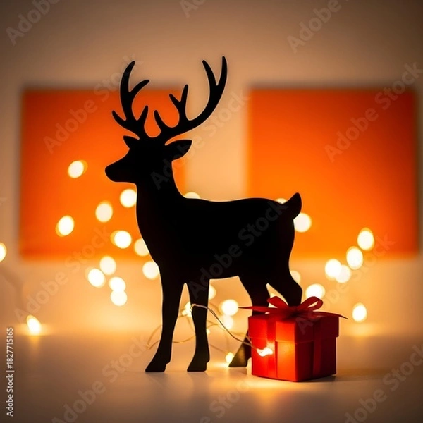 Fototapeta Simple line art of a reindeer silhouette, monochrome, with a red gift box with a bow on a plain background, studio shot, high resolution, Christmas lights twinkling in the background, winter night.