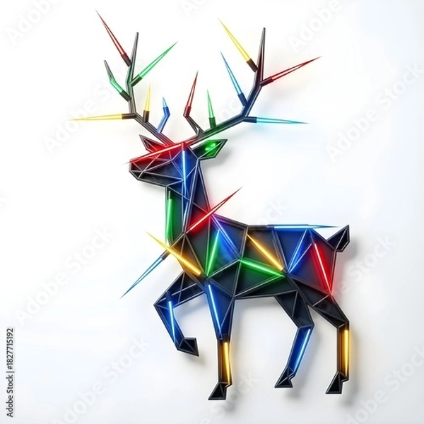 Fototapeta Simple line art of a reindeer silhouette, monochrome, with a red gift box with a bow on a plain background, studio shot, high resolution, Christmas lights twinkling in the background, winter night.