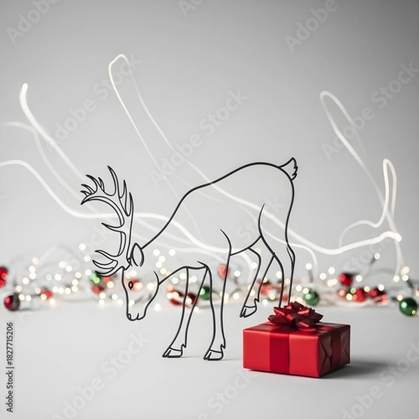 Fototapeta Simple line art of a reindeer silhouette, monochrome, with a red gift box with a bow on a plain background, studio shot, high resolution, Christmas lights twinkling in the background, winter night.
