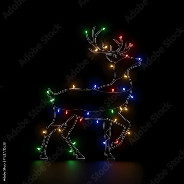 Fototapeta Simple line art of a reindeer silhouette, monochrome, with a red gift box with a bow on a plain background, studio shot, high resolution, Christmas lights twinkling in the background, winter night.