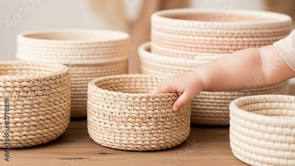 Fototapeta A child reaches for a small woven basket surrounded by other baskets of varying sizes and designs