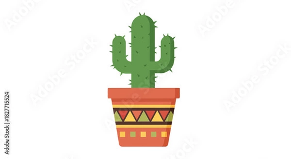 Fototapeta Vibrant potted cactus with a decorative, colorful geometric pattern on its planter