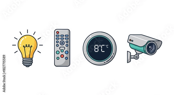 Fototapeta Smart home technology icons including light, remote, thermostat, and security camera