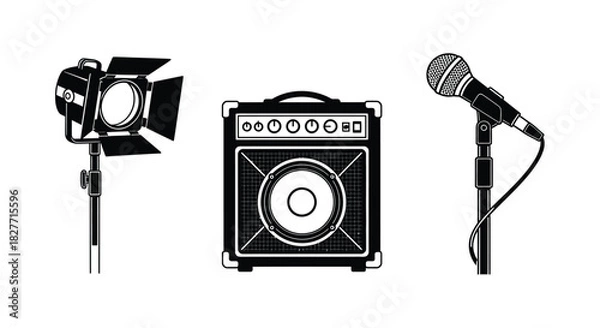Fototapeta Stage performance equipment: spotlight, amplifier, and microphone on stands.