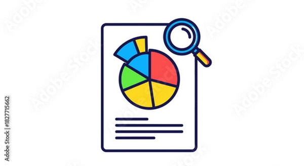 Fototapeta Magnifying glass examines colorful pie chart on document, symbolizing data analysis and research.