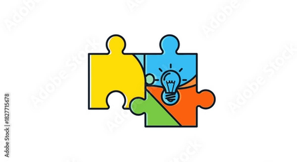 Fototapeta Colorful puzzle pieces coming together to form a bright idea light bulb symbol.
