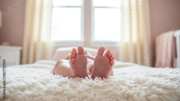 Fototapeta Baby feet sticking up on a white fluffy blanket in a light and airy room with a window behind it