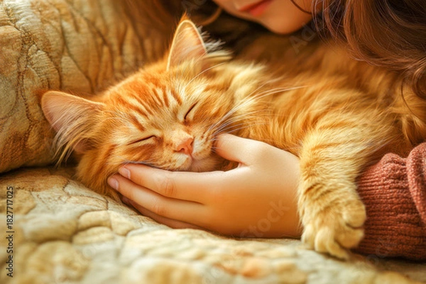 Obraz A child softly cradles a sleeping orange cat in their hands while resting on a soft, patterned blanket in a cozy room filled with light