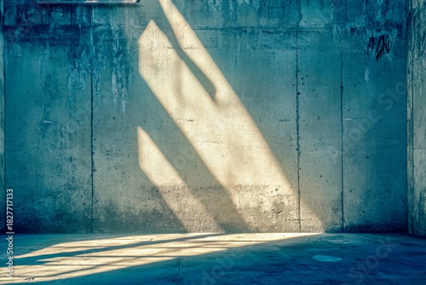Obraz Late afternoon sunlight streams through a window, creating long, angular shadows on a textured concrete wall in an industrial space