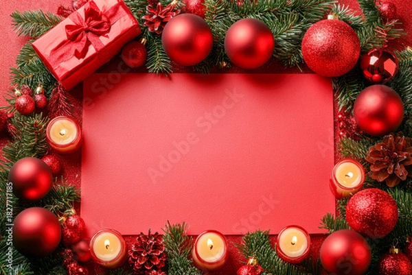 Fototapeta A vibrant arrangement of red ornaments, candles, and pine branches creates a festive atmosphere for holiday celebrations