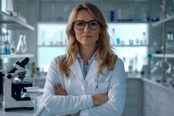 Obraz A scientist stands confidently in a modern laboratory, surrounded by lab equipment and glass containers, ready for experiments