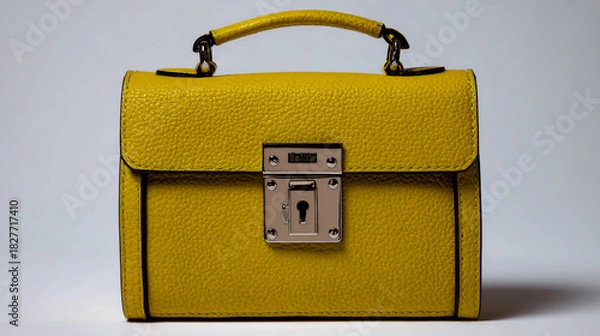 Fototapeta A yellow leather handbag with a metal lock, against a white background. High-resolution product photography, with studio lighting, capturing the bag in high detail and exceptional quality